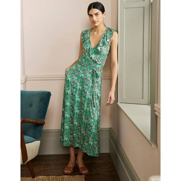 Boden Womens Dress UK 14 US 10 Maxi Wrap Green Saskia Floral Ruffle D0174 NWT - Picture 1 of 11